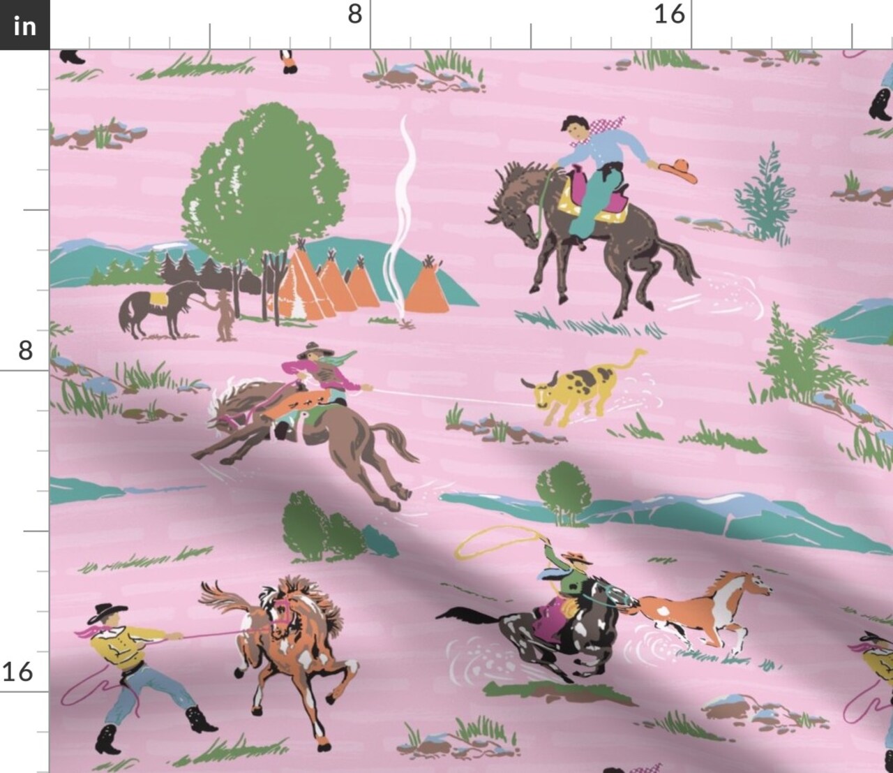 Western Cowboy Ranch Horse Southwestern Mountains Equine Rustic Retro Custom Printed Fabric by Spoonflower Various Fabrics by the Yard or Fat Quarter